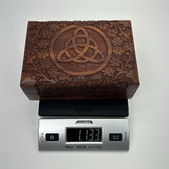 Triquetra Celtic Floral Hand Carved Wooden Trinket Keepsake Box Gemstones - Picture 15 of 16